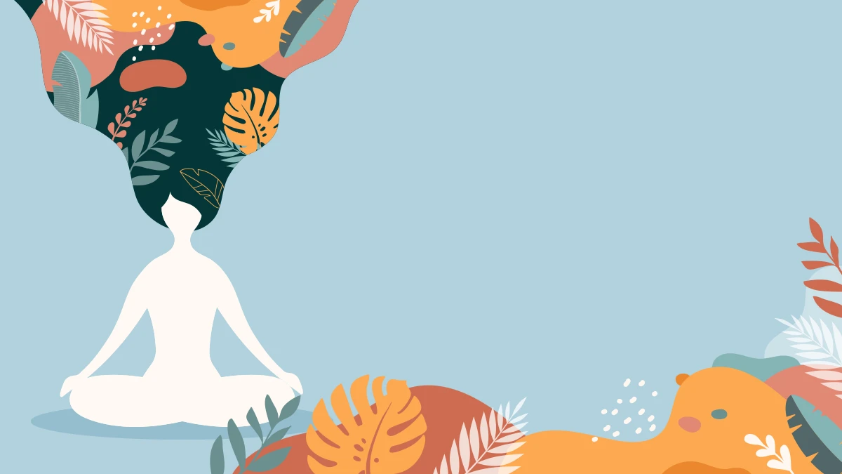 A white vector outline of a woman's silhouette sitting in a lotus position on a light blue background with her hair and mind spewing upwards as flowers.